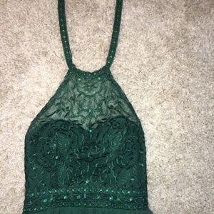 Dark Green Formal Dress, Beaded Halter Neck